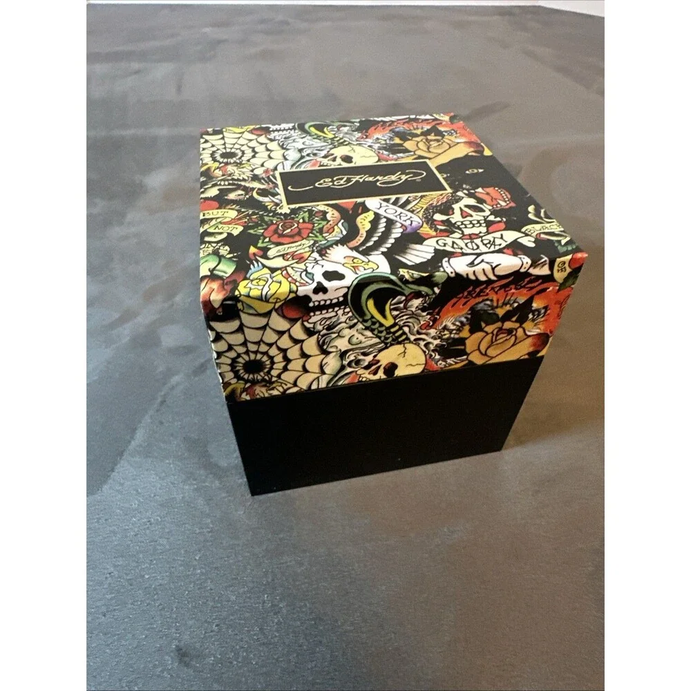 Ed Hardy Watch New In Box Black Stainless Steel Rose Gold Quartz Screw Accent